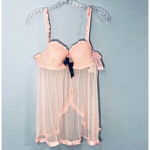 NWT Sheer Mesh Pink Babydoll Chemise Women Medium Ruffle Fairy Y2K‎ Coquette